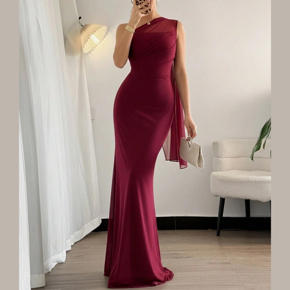 Burgundy Mesh One Shoulder Ruched Draped Cape Detail Maxi Dress